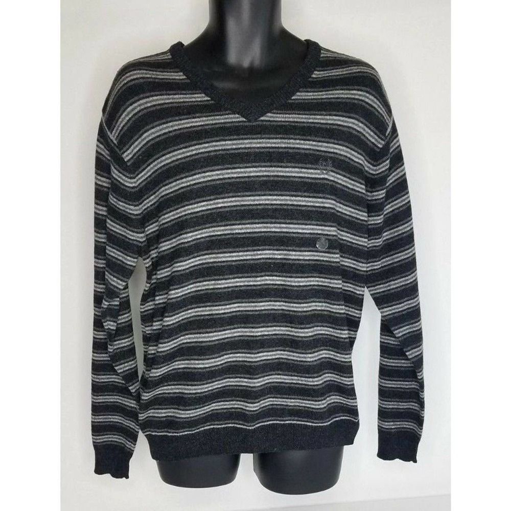 Chaps Men's Sweater size L Large V-Neck Gray Black Striped Cotton Wool NWT
